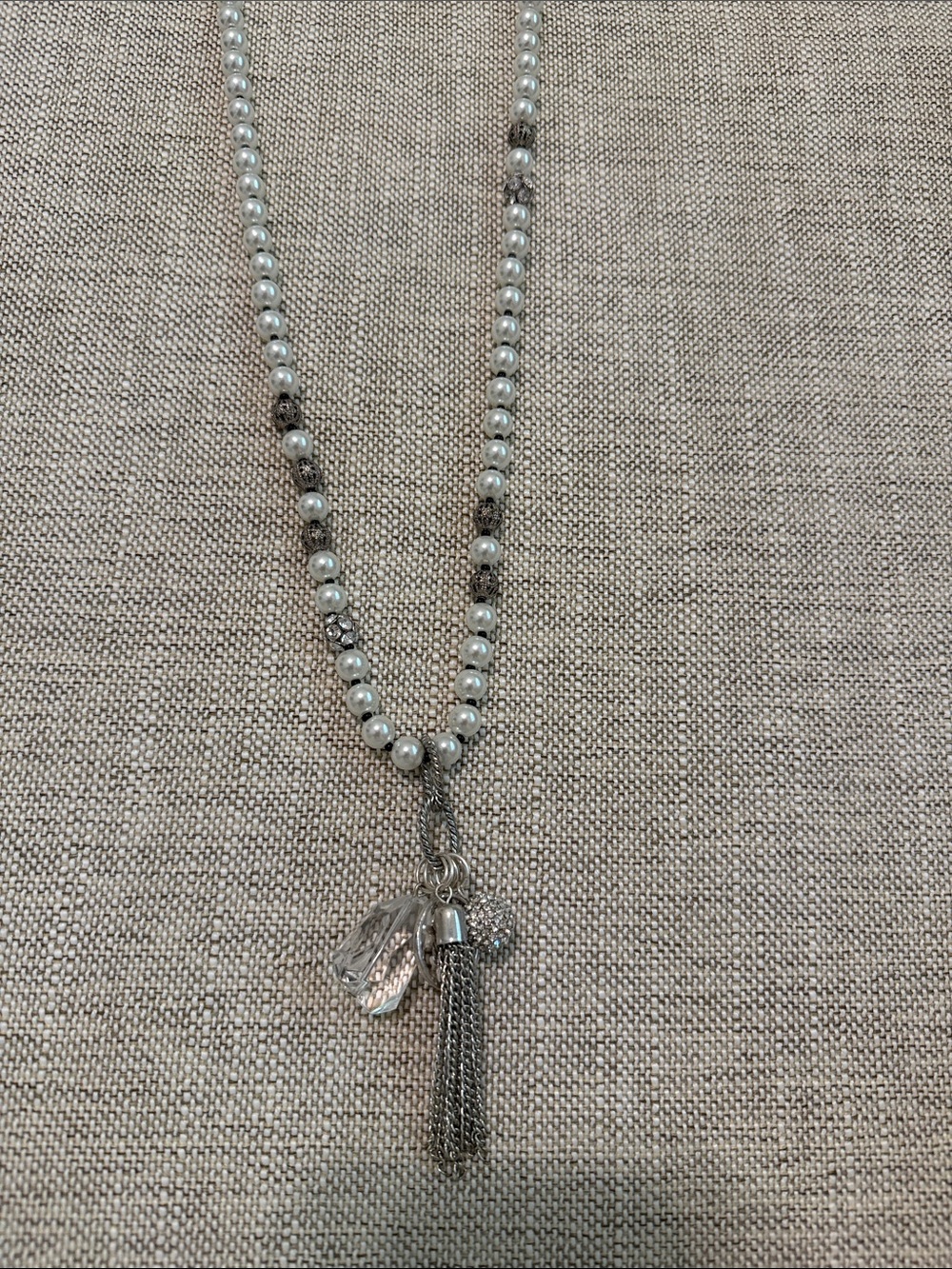 Pearl Bead Necklace with Silver Tassel Pendant